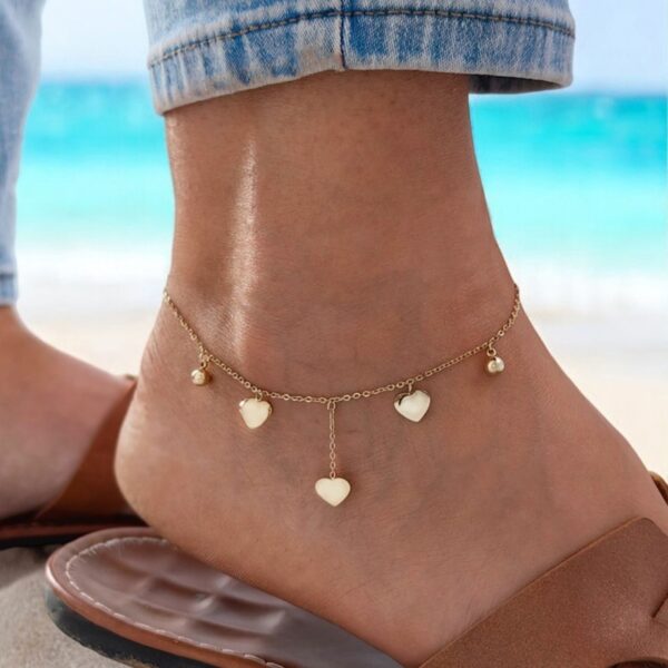 Brățară de gleznă placată cu aur 14K – design delicat cu inimioare și bile decorative, lungime 27 cm, Naiara®