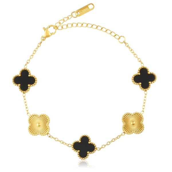 Brățară din oțel chirurgical aurit design elegant cu trifoi negri și aurii, Naiara®