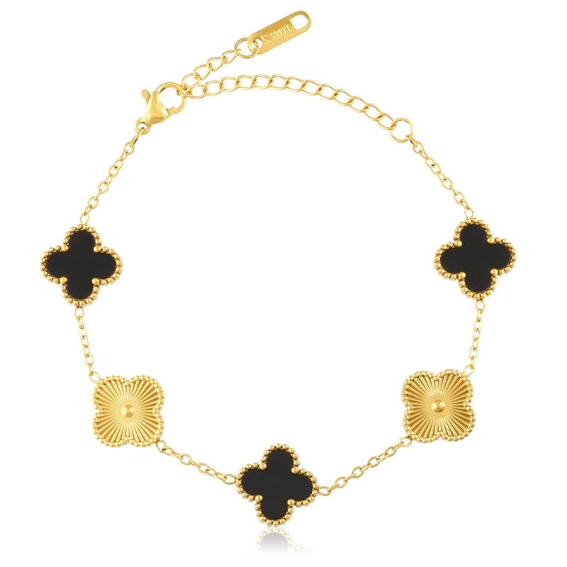 Brățară din oțel chirurgical aurit design elegant cu trifoi negri și aurii, Naiara® Brățară din oțel chirurgical aurit design elegant cu trifoi negri și aurii, Naiara®