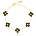 Brățară din oțel chirurgical aurit design elegant cu trifoi negri și cristale strălucitoare, Naiara®