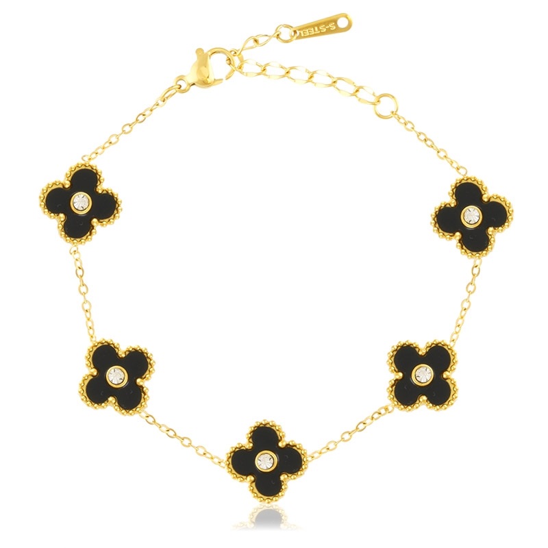 Brățară din oțel chirurgical aurit design elegant cu trifoi negri și cristale strălucitoare, Naiara® Brățară din oțel chirurgical aurit design elegant cu trifoi negri și cristale strălucitoare, Naiara®