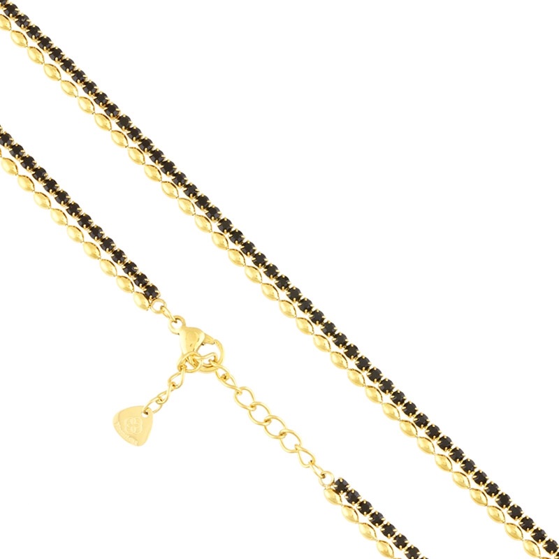 Brățară dublă din oțel chirurgical aurit cu doua lanțuri fine cu cristale negre și zale elegante, Naiara® Brățară dublă din oțel chirurgical aurit cu doua lanțuri fine cu cristale negre și zale elegante, Naiara®