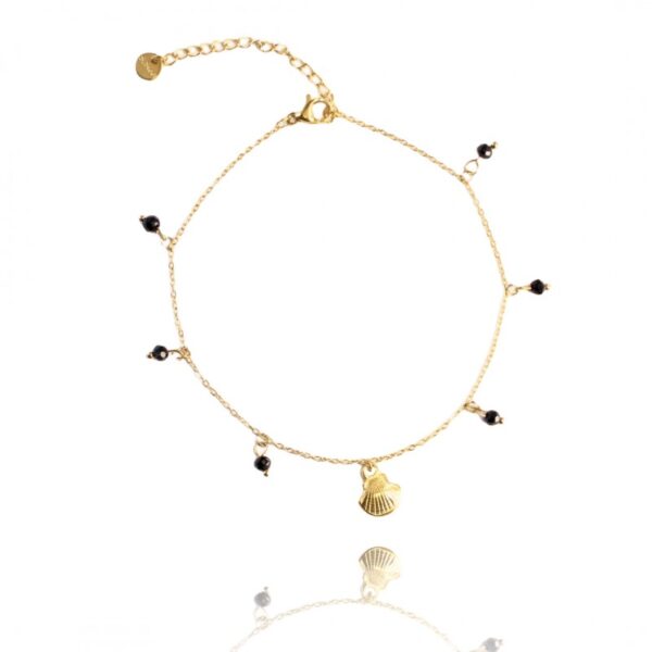 Brățară elegantă din oțel inoxidabil placat cu aur 14K – model delicat cu scoică și mărgele negre, lungime 17 cm, Naiara®