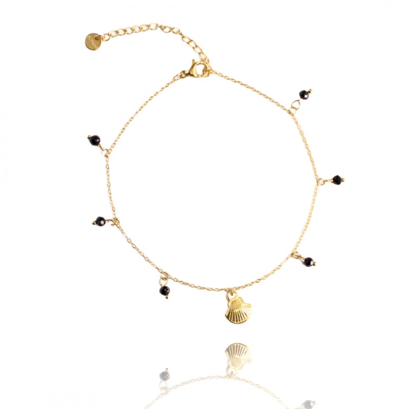 Brățară elegantă din oțel inoxidabil placat cu aur 14K – model delicat cu scoică și mărgele negre, lungime 17 cm, Naiara® Brățară elegantă din oțel inoxidabil placat cu aur 14K – model delicat cu scoică și mărgele negre, lungime 17 cm, Naiara®