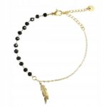 Brățară elegantă placată cu aur 14K – design delicat cu mărgele negre și simbol pană, 16.6 cm, Naiara®