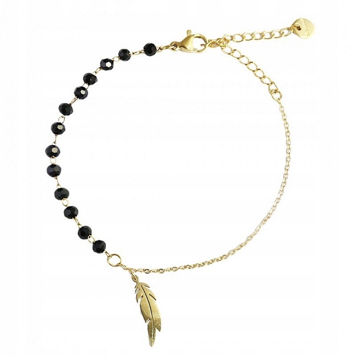 Brățară elegantă placată cu aur 14K – design delicat cu mărgele negre și simbol pană, 16.6 cm, Naiara®1 Brățară elegantă placată cu aur 14K – design delicat cu mărgele negre și simbol pană, 16.6 cm, Naiara®