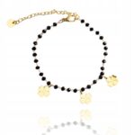 Brățară elegantă placată cu aur 14K – design delicat cu mărgele negre și trifoi norocos, 17 cm, Naiara®