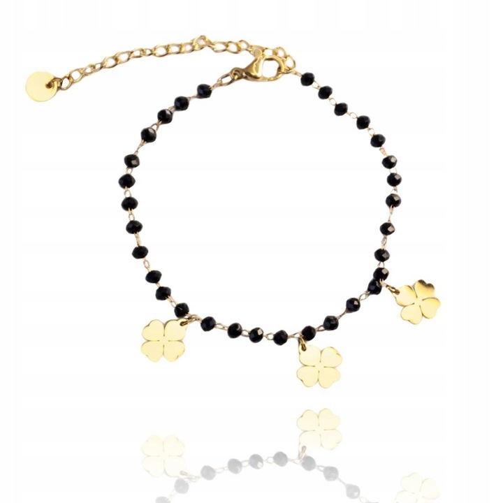 Brățară elegantă placată cu aur 14K – design delicat cu mărgele negre și trifoi norocos, 17 cm, Naiara® Brățară elegantă placată cu aur 14K – design delicat cu mărgele negre și trifoi norocos, 17 cm, Naiara®