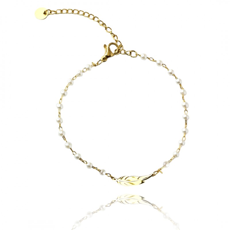 Brățară elegantă placată cu aur 14K – design rafinat cu perlă și simbol pană, 17 cm, Naiara®1 Brățară elegantă placată cu aur 14K – design rafinat cu perlă și simbol pană, 17 cm, Naiara®