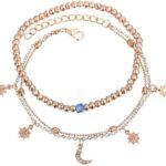 Brățară pentru picior 2 în 1 cu mărgele aurii, stea și pandantiv lună, Naiara®