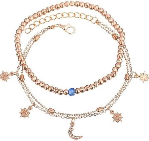 Brățară pentru picior 2 în 1 cu mărgele aurii, stea și pandantiv lună, Naiara®
