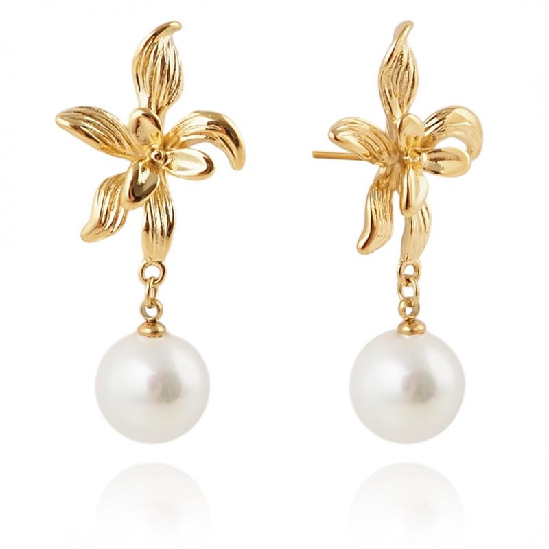 Cercei eleganți placati cu aur 14K – design floral sofisticat cu perlă delicată, 4.5 x 2 cm, Naiara® Cercei eleganți placati cu aur 14K – design floral sofisticat cu perlă delicată, 4.5 x 2 cm, Naiara®