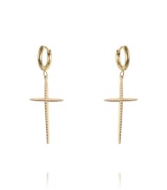 Cercei eleganți placati cu aur 14K – design rafinat cu pandantiv cruce texturată, dimensiune 4.0 x 1.9 cm, Naiara®