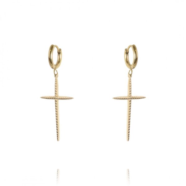 Cercei eleganți placati cu aur 14K – design rafinat cu pandantiv cruce texturată, dimensiune 4.0 x 1.9 cm, Naiara®