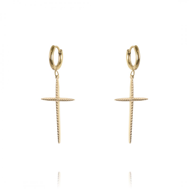 Cercei eleganți placati cu aur 14K – design rafinat cu pandantiv cruce texturată, dimensiune 4.0 x 1.9 cm, Naiara® Cercei eleganți placati cu aur 14K – design rafinat cu pandantiv cruce texturată, dimensiune 4.0 x 1.9 cm, Naiara®