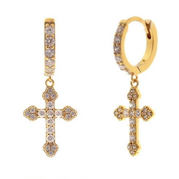 Cercei eleganți placati cu aur 14K – design sofisticat cu cruce și zirconii strălucitoare, 0.9 x 2.7 cm, Naiara®