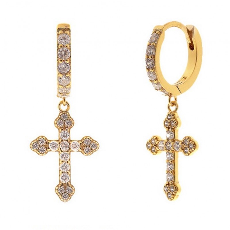 Cercei eleganți placati cu aur 14K – design sofisticat cu cruce și zirconii strălucitoare, 0.9 x 2.7 cm, Naiara®1 Cercei eleganți placati cu aur 14K – design sofisticat cu cruce și zirconii strălucitoare, 0.9 x 2.7 cm, Naiara®