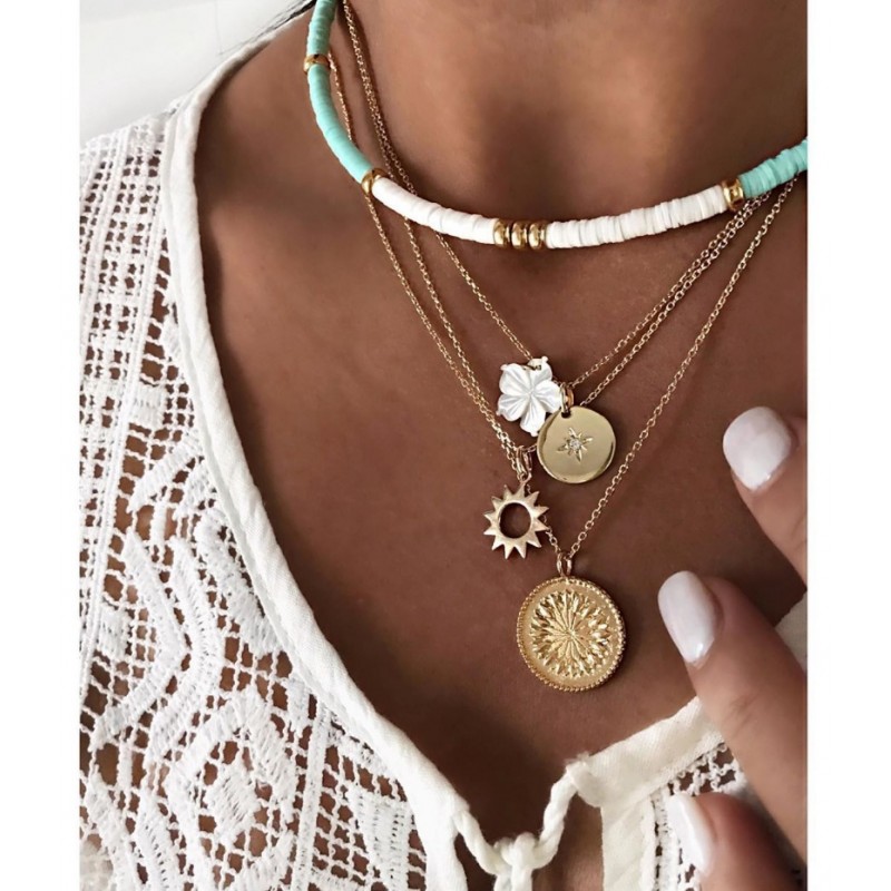 Colier cu 4 lantisoare aurii cu mărgele turcoaz, Naiara® Colier cu 4 lantisoare aurii cu mărgele turcoaz, Naiara®