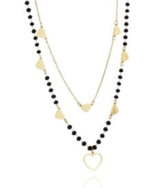 Colier elegant placat cu aur 14K – design dublu cu mărgele negre și inimioare, lungime 52 cm, Naiara®