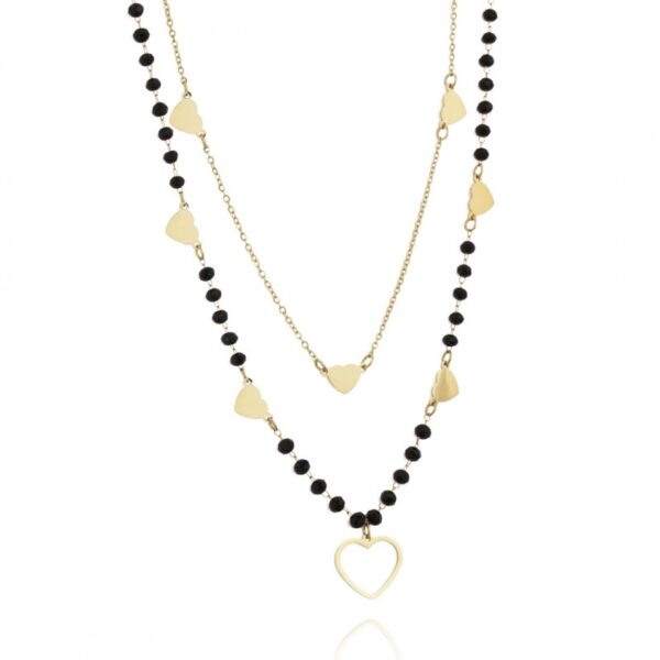 Colier elegant placat cu aur 14K – design dublu cu mărgele negre și inimioare, lungime 52 cm, Naiara®