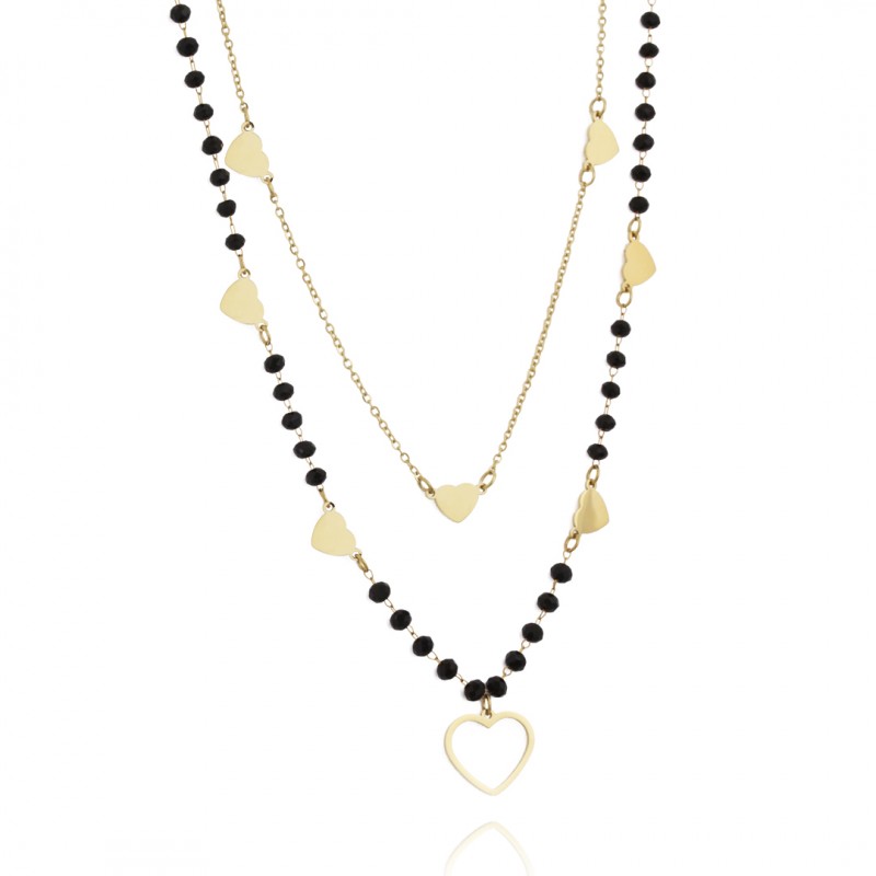 Colier elegant placat cu aur 14K – design dublu cu mărgele negre și inimioare, lungime 52 cm, Naiara® Colier elegant placat cu aur 14K – design dublu cu mărgele negre și inimioare, lungime 52 cm, Naiara®
