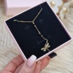 Colier elegant placat cu aur 14K – design rafinat cu libelulă și mărgele negre, lungime 42, Naiara®