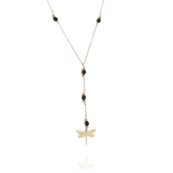 Colier elegant placat cu aur 14K – design rafinat cu libelulă și mărgele negre, lungime 42, Naiara®