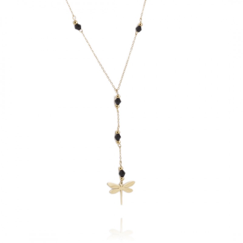 Colier elegant placat cu aur 14K – design rafinat cu libelulă și mărgele negre, lungime 42, Naiara®2 Colier elegant placat cu aur 14K – design rafinat cu libelulă și mărgele negre, lungime 42, Naiara®