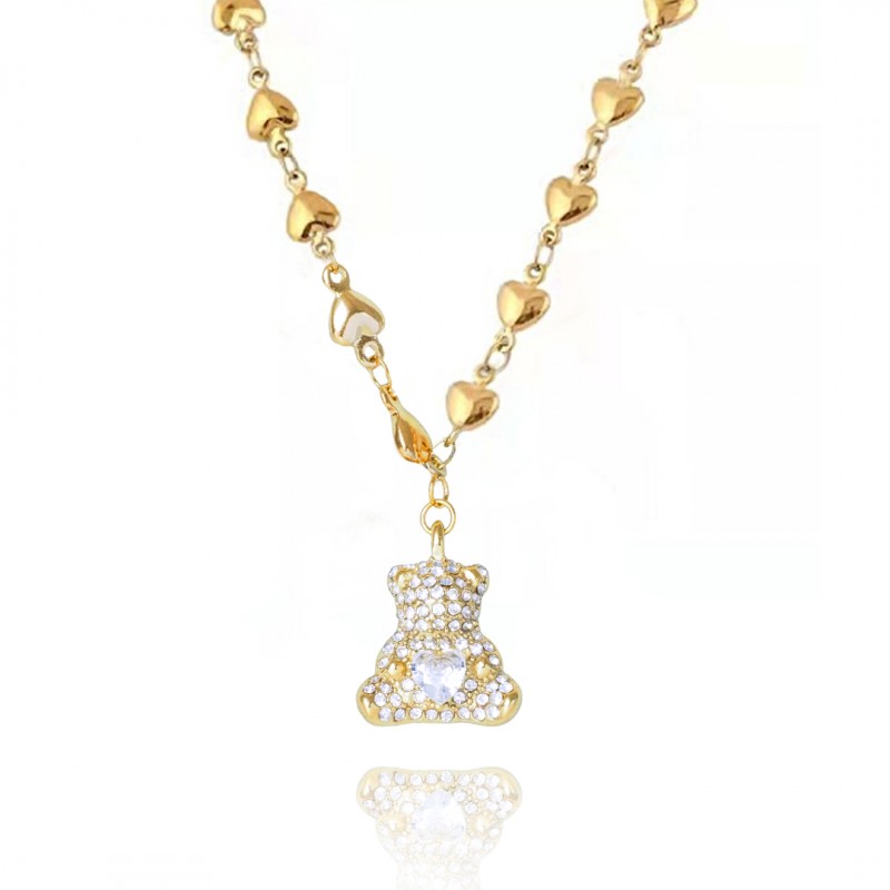 Colier elegant placat cu aur 14K – lanț cu inimioare și pandantiv ursuleț cu zirconii, lungime 41.5 cm, Naiara® Colier elegant placat cu aur 14K – lanț cu inimioare și pandantiv ursuleț cu zirconii, lungime 41.5 cm, Naiara®