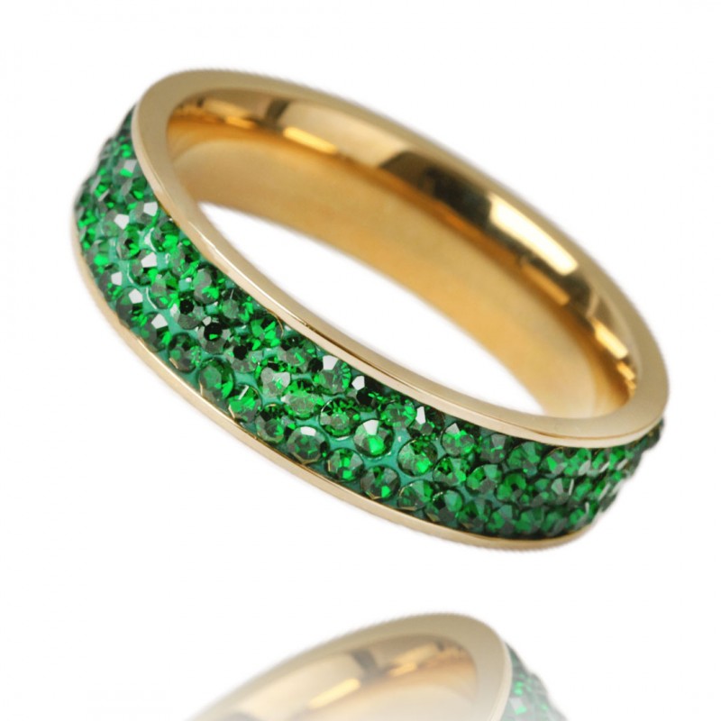 Inel din oțel inoxidabil placat cu aur de 14K – model cu cristale verzi, Naiara® Inel din oțel inoxidabil placat cu aur de 14K – model cu cristale verzi, Naiara®
