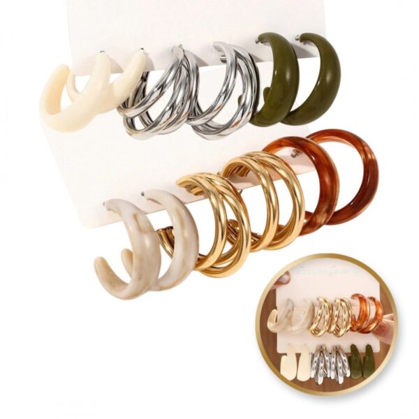 Set 6 perechi de cercei tip hoop, mix de rășină și metal – design elegant cu finisaje aurii, argintii și nuanțe naturale, Naiara®
