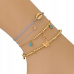 Set brățări 4 în 1 pentru picior cu șnur gri, mărgele aurii și pandantive delicate, Naiara®