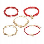 Set brățări 5 în 1 pentru picior cu mărgele roșii și pandantive aurii, Naiara®