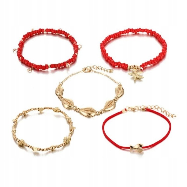 Set brățări 5 în 1 pentru picior cu mărgele roșii și pandantive aurii, Naiara®1 Set brățări 5 în 1 pentru picior cu mărgele roșii și pandantive aurii, Naiara®