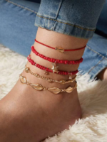 Set brățări 5 în 1 pentru picior cu mărgele roșii și pandantive aurii, Naiara®