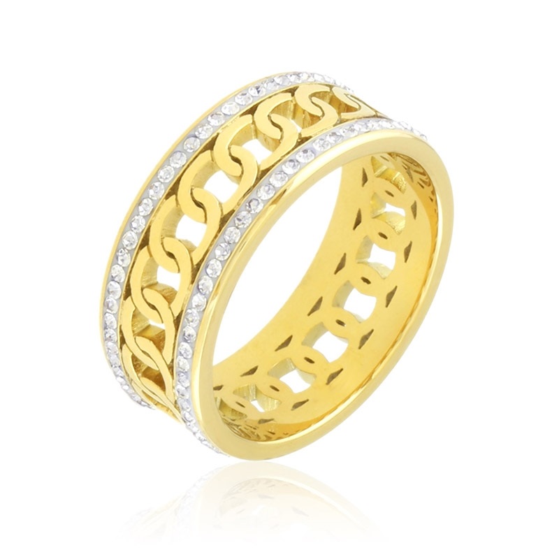 Verighetă din oțel chirurgical aurit, design elegant cu lanț decupat și cristale strălucitoare, Naiara® Verighetă din oțel chirurgical aurit, design elegant cu lanț decupat și cristale strălucitoare, Naiara®