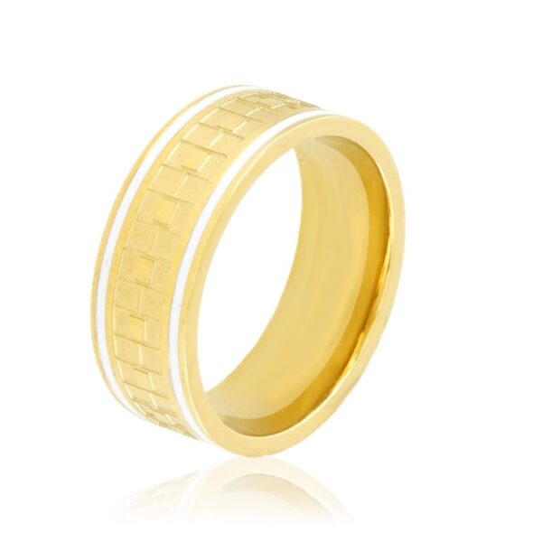 Verighetă din oțel inoxidabil aurit, design modern cu model gravat și dungi albe, Naiara®