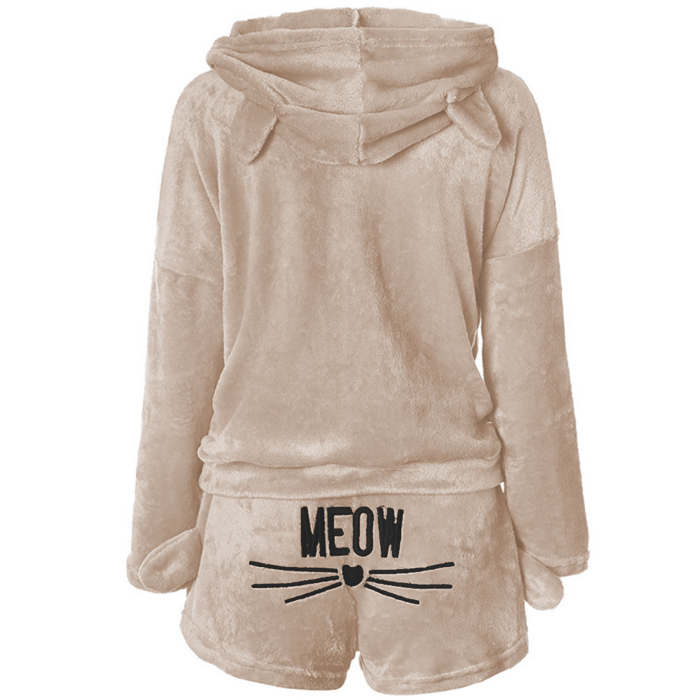 Set pijama hanorac cu glugă și pantaloni scurți cu urechi de pisică și inscripție Meow – confortabil pentru seară, noapte și dimineață – Noem® Set pijama hanorac cu glugă și pantaloni scurți cu urechi de pisică și inscripție Meow – confortabil pentru seară, noapte și dimineață – Noem®