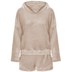 Set pijama hanorac cu glugă și pantaloni scurți cu urechi de pisică și inscripție Meow – confortabil pentru seară, noapte și dimineață – Noem®