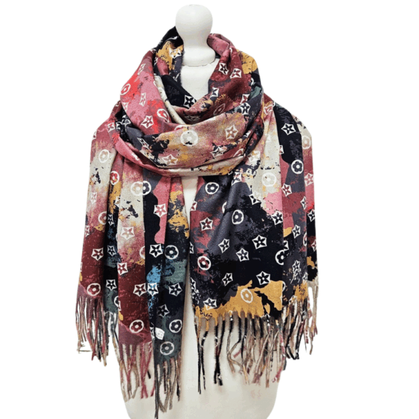 Esarfa damă multicolor cu imprimeu abstract și franjuri, Noem®