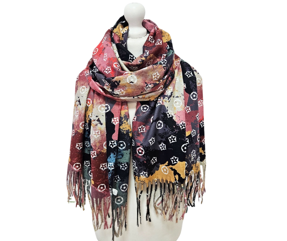 Esarfa damă multicolor cu imprimeu abstract și franjuri, Noem® Esarfa damă multicolor cu imprimeu abstract și franjuri, Noem®