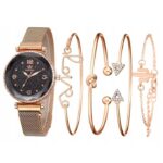 Set Ceas auriu Rinnady glamour cu 4 brățări – cadran negru sclipitor, Noem®