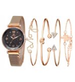 Set Ceas auriu Rinnady glamour cu 4 brățări – cadran negru sclipitor, Noem®