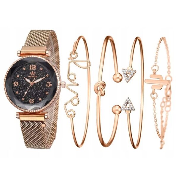 Set Ceas auriu Rinnady glamour cu 4 brățări – cadran negru sclipitor, Noem®