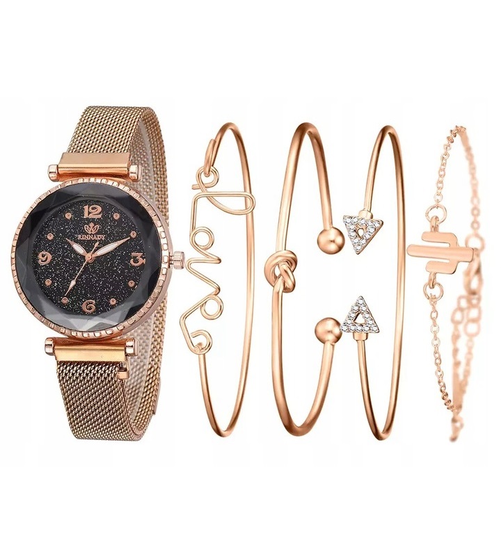 Set Ceas auriu Rinnady glamour cu 4 brățări – cadran negru sclipitor, Noem®1 Set Ceas auriu Rinnady glamour cu 4 brățări – cadran negru sclipitor, Noem®