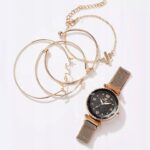 Set Ceas auriu Rinnady glamour cu 4 brățări – cadran negru sclipitor, Noem®