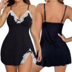 Set pijama sexy damă – cămașă de noapte din dantelă și tanga, marime universala, Noem®