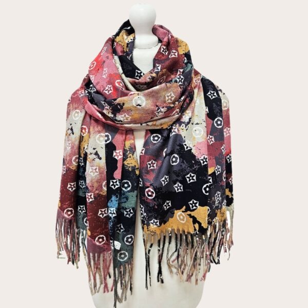 Esarfa damă multicolor cu imprimeu abstract și franjuri, Noem®