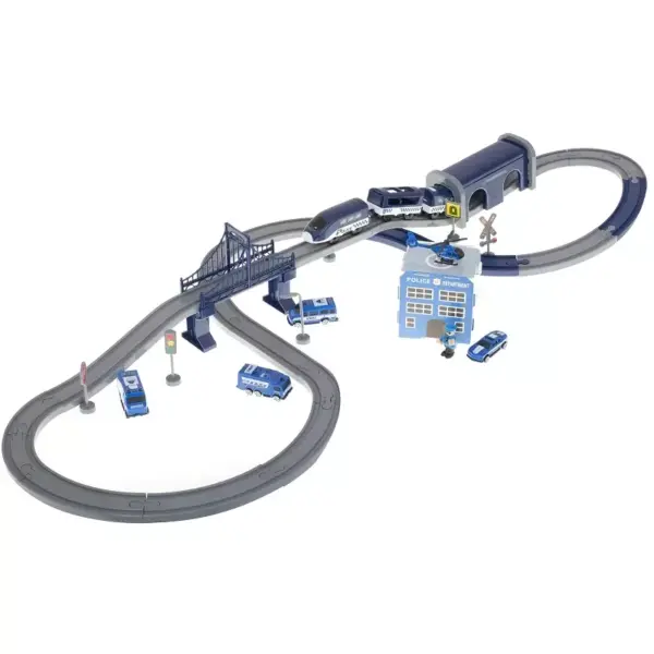 Tren electric cu vagoane de politie si elicopter, 92 de elemente, Gonga® Albastru/Gri