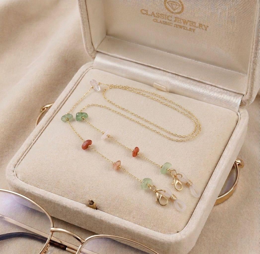 2 Lant pentru ochelari din otel inoxidabil, placat cu aur 14k, cu margele multicolore si pietre naturale, Noem® - imagine 1